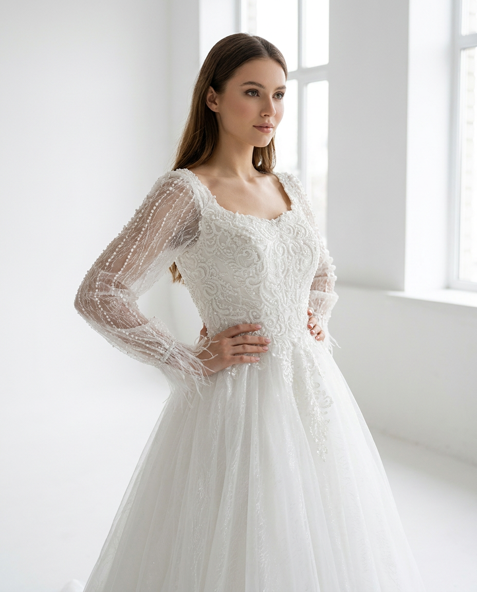 Robe de mariée avec manche perlé