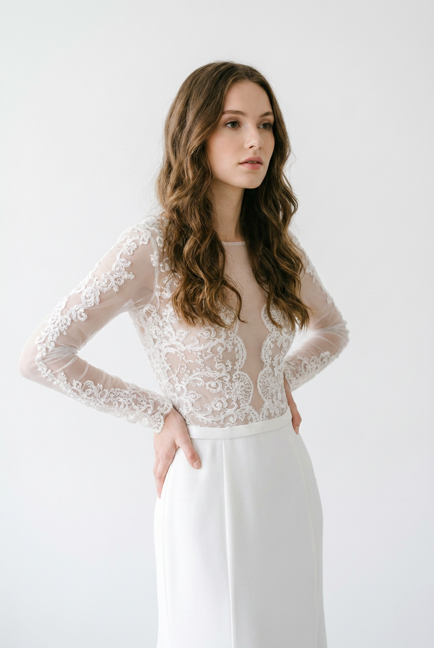 Robe marié en dentelle manche longue